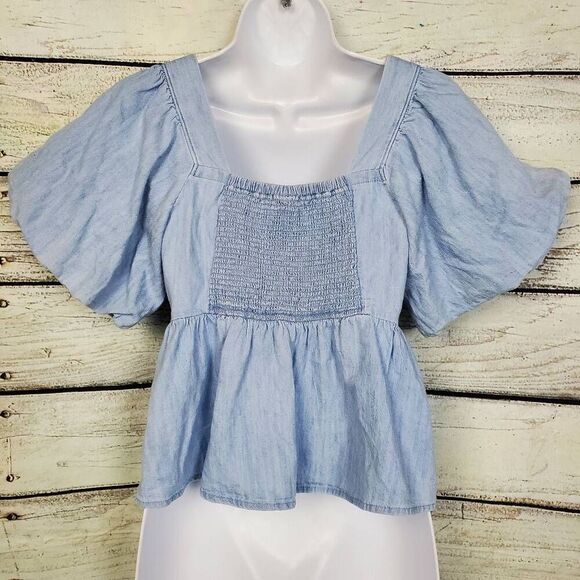 Old Navy Women’s Light Blue Puff Sleeve Peplum Top XS Cotton Blouse Square Neck - Picture 4 of 7